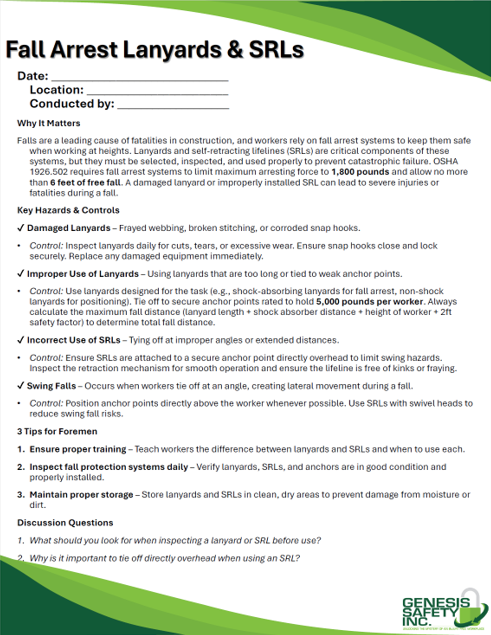 Toolbox Talk - Fall Arrest Lanyards and SRLs