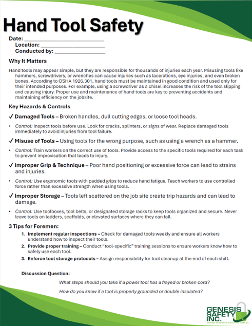 Toolbox Talk - Hand Tool Safety